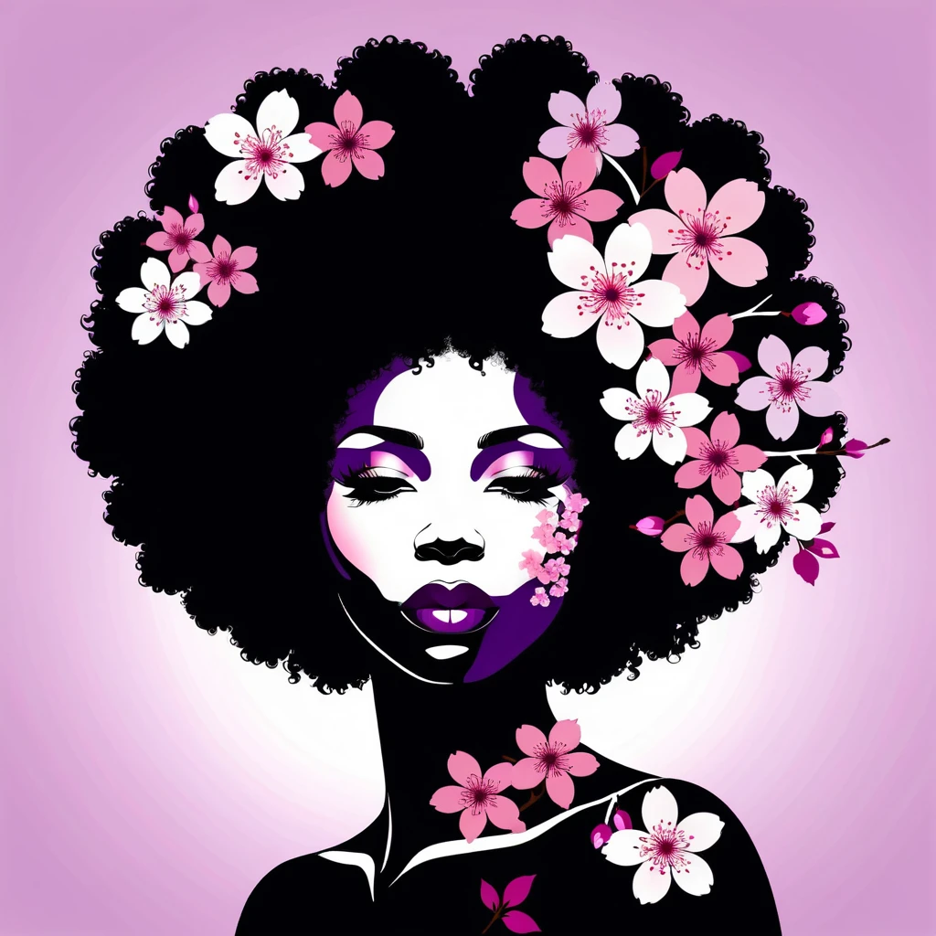 Silhouette de femme avec afro floral de fleurs de cerisier