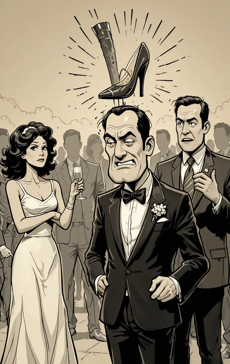 Hombres de caricatura vintage con esmoquin en un caótico percance de fiesta