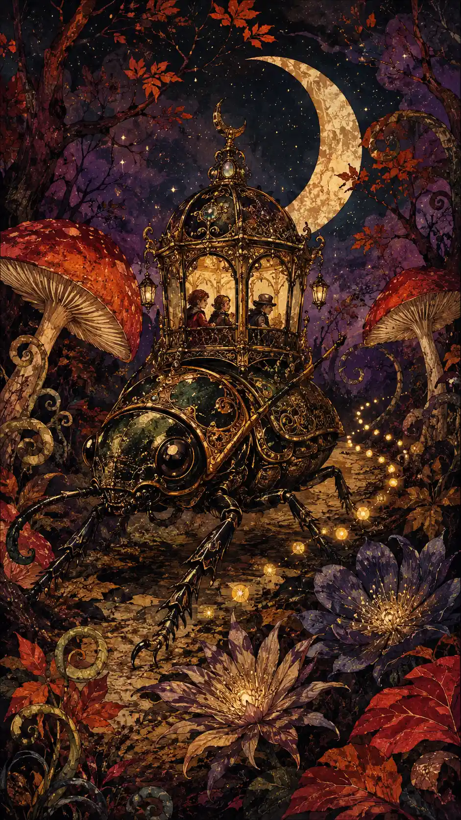 Giant beetle carriage crossing a surreal autumn forest