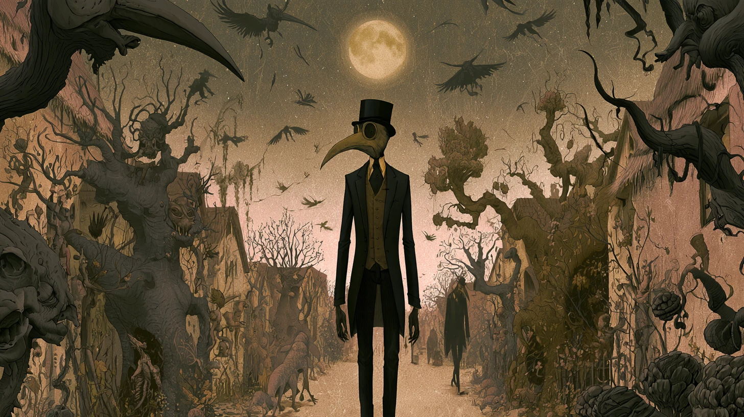 Tall eerie figure in a moonlit fantasy village street