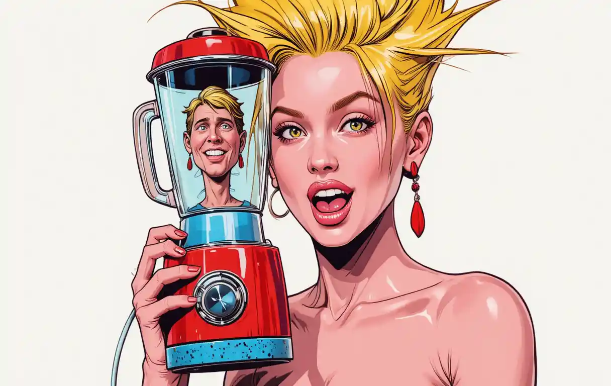 Chica juguetona con licuadora retro en un estilo de cómic audaz