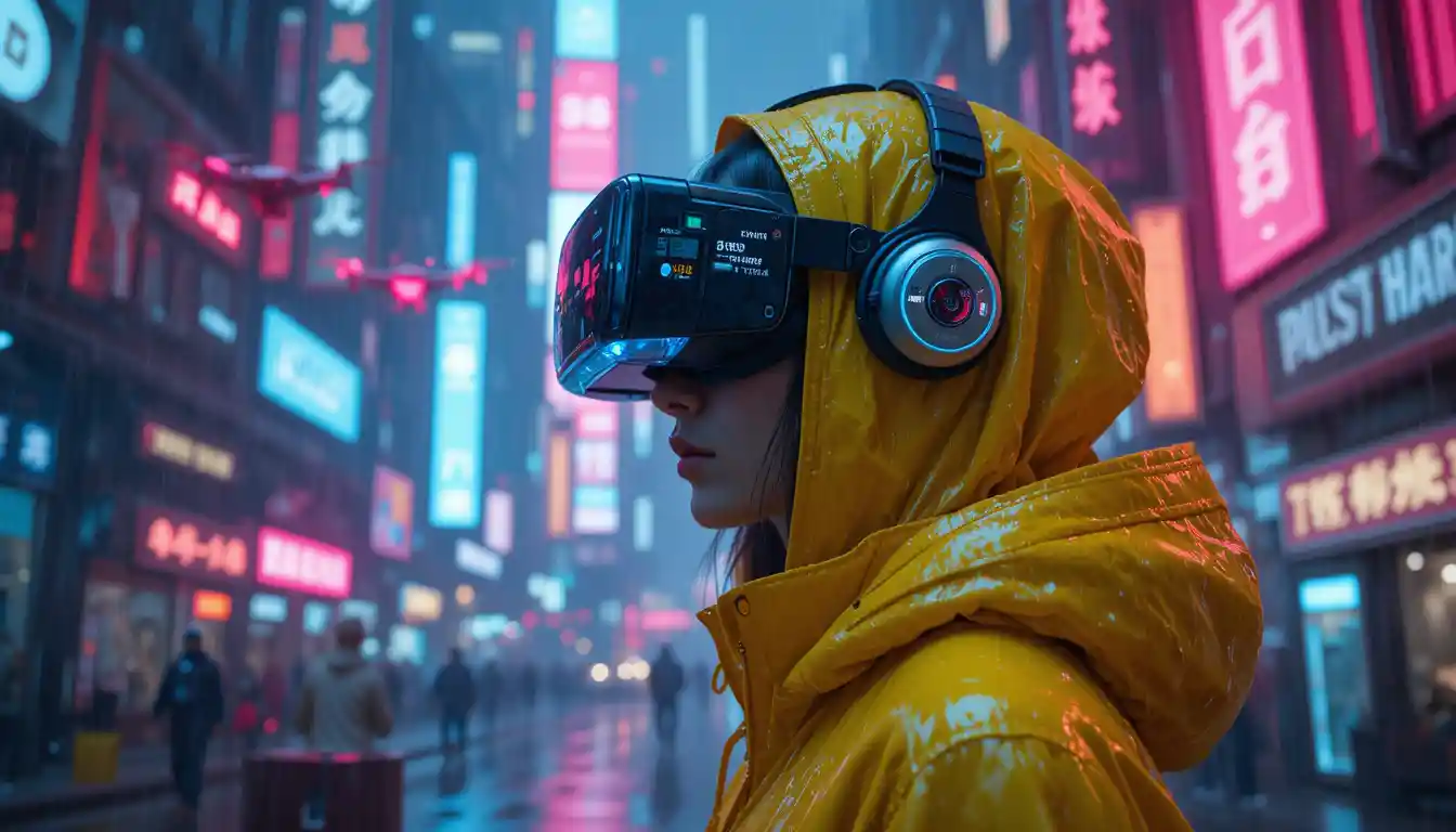 네온 비 내리는 도시에 서 있는 VR 고글 사이버펑크 여성