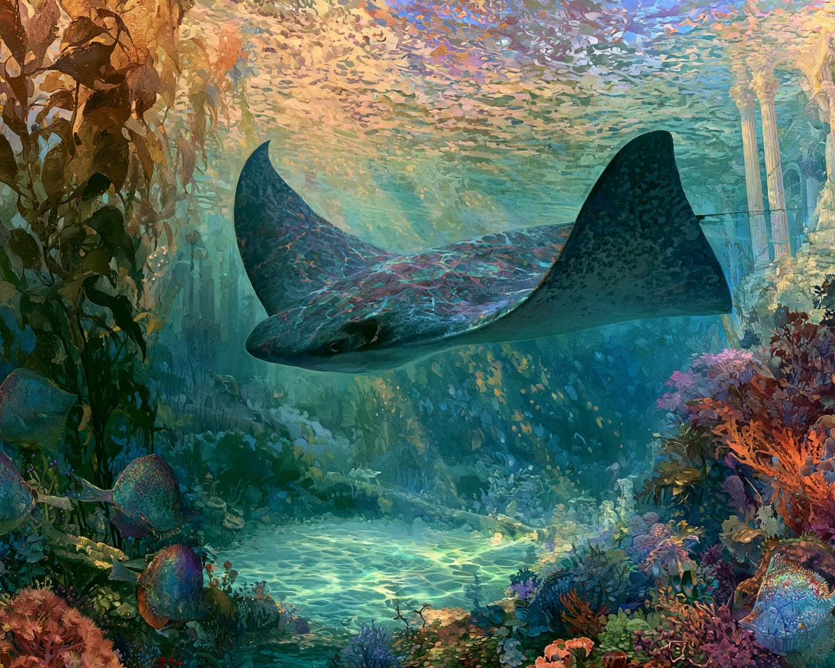 Majestic stingray gliding above a colorful coral reef