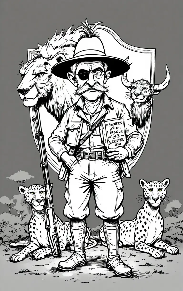 Vintage cartoon safari hunter with rifle and exotic animals