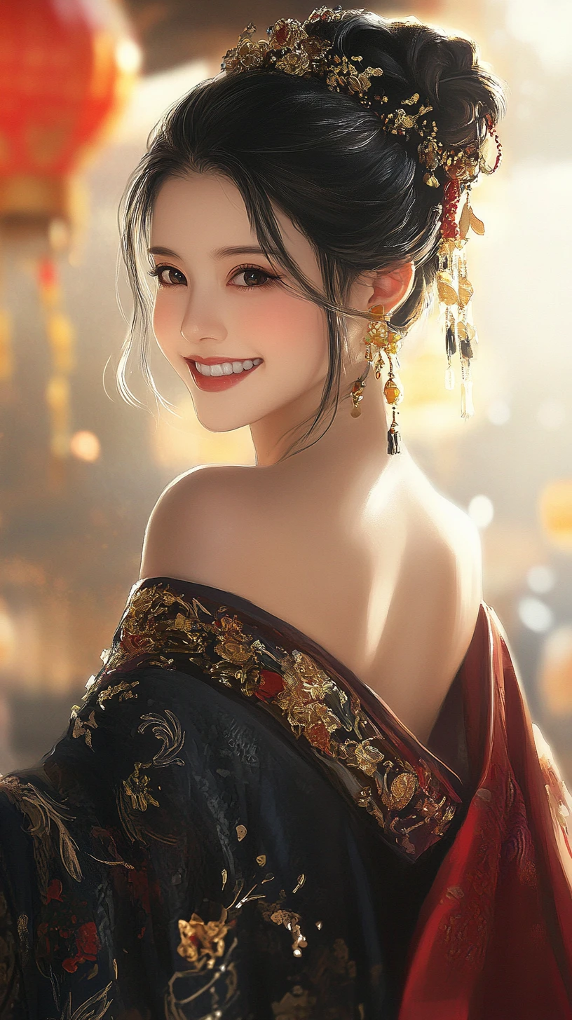 Elegante mujer china con vestido rojo a la luz de los faroles
