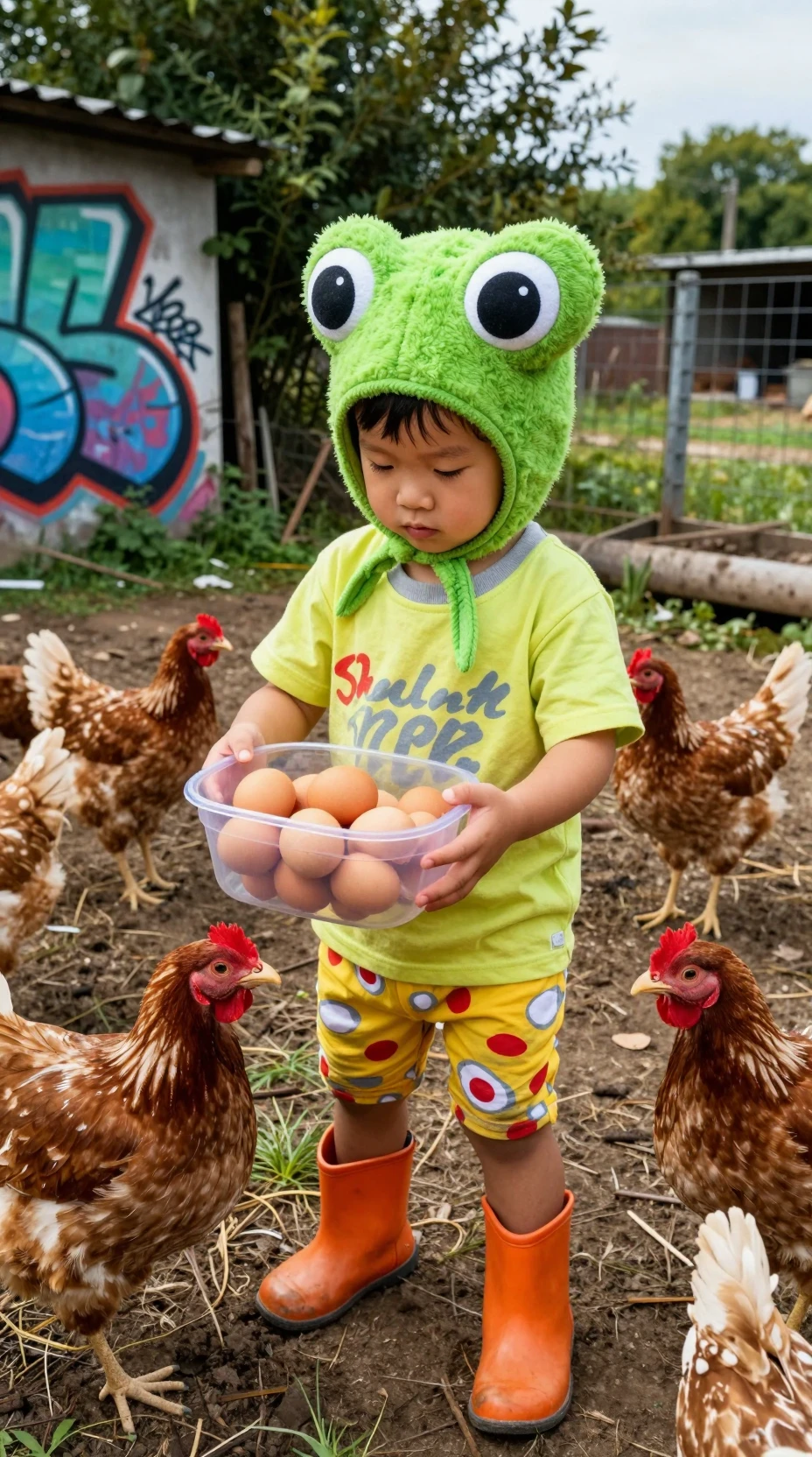 Bambino sorridente con uova tra le galline in una fattoria