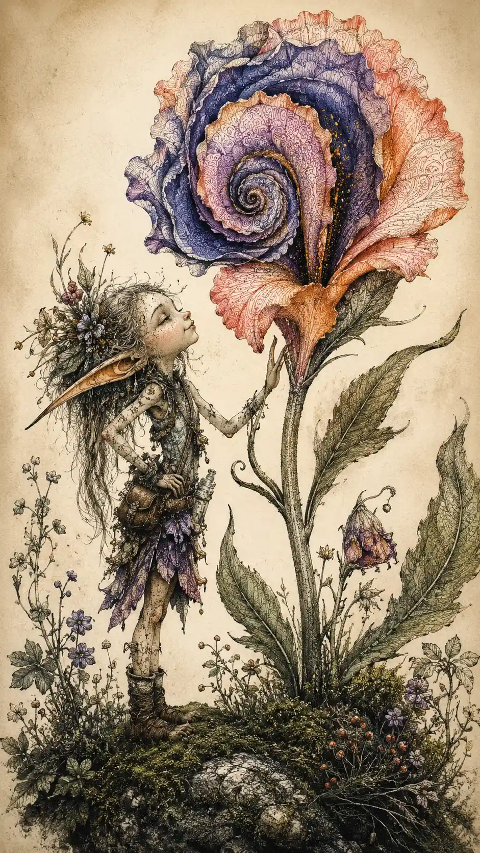 Tiny woodland elf studying a towering spiral flower