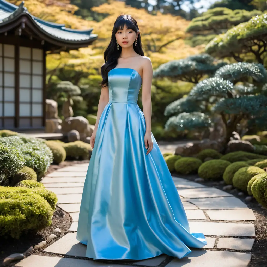 Elegant girl in blue satin gown in a Japanese garden