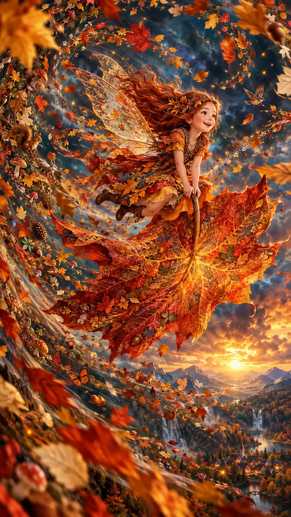 Autumn fairy racing on a giant flying maple leaf