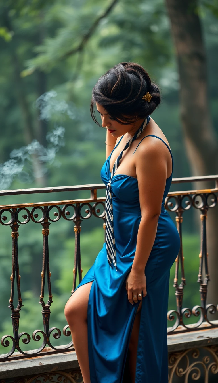 Glückliche Frau im blauen Seidenkleid auf einem Outdoor-Campingplatz