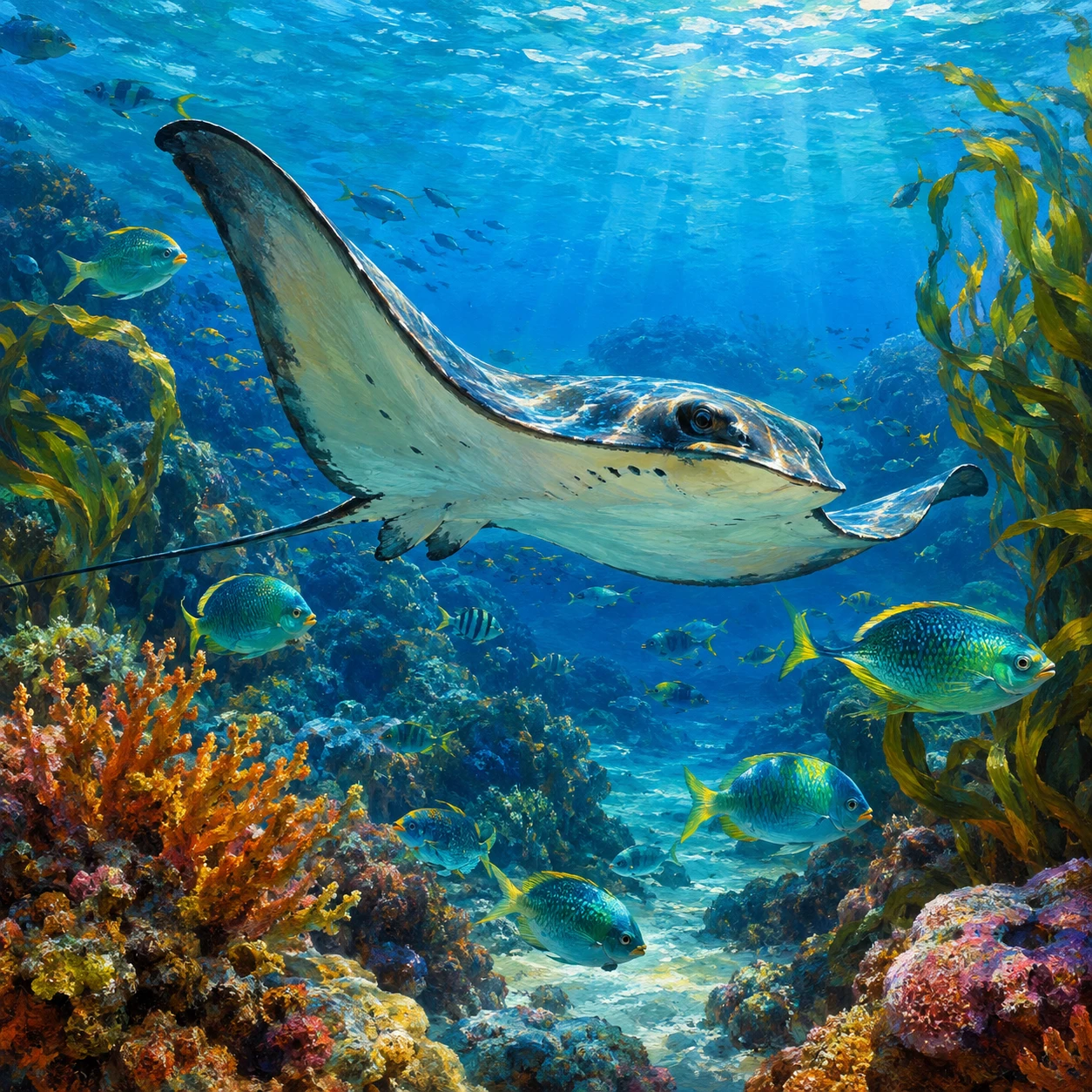 Majestic stingray swimming above a colorful coral reef