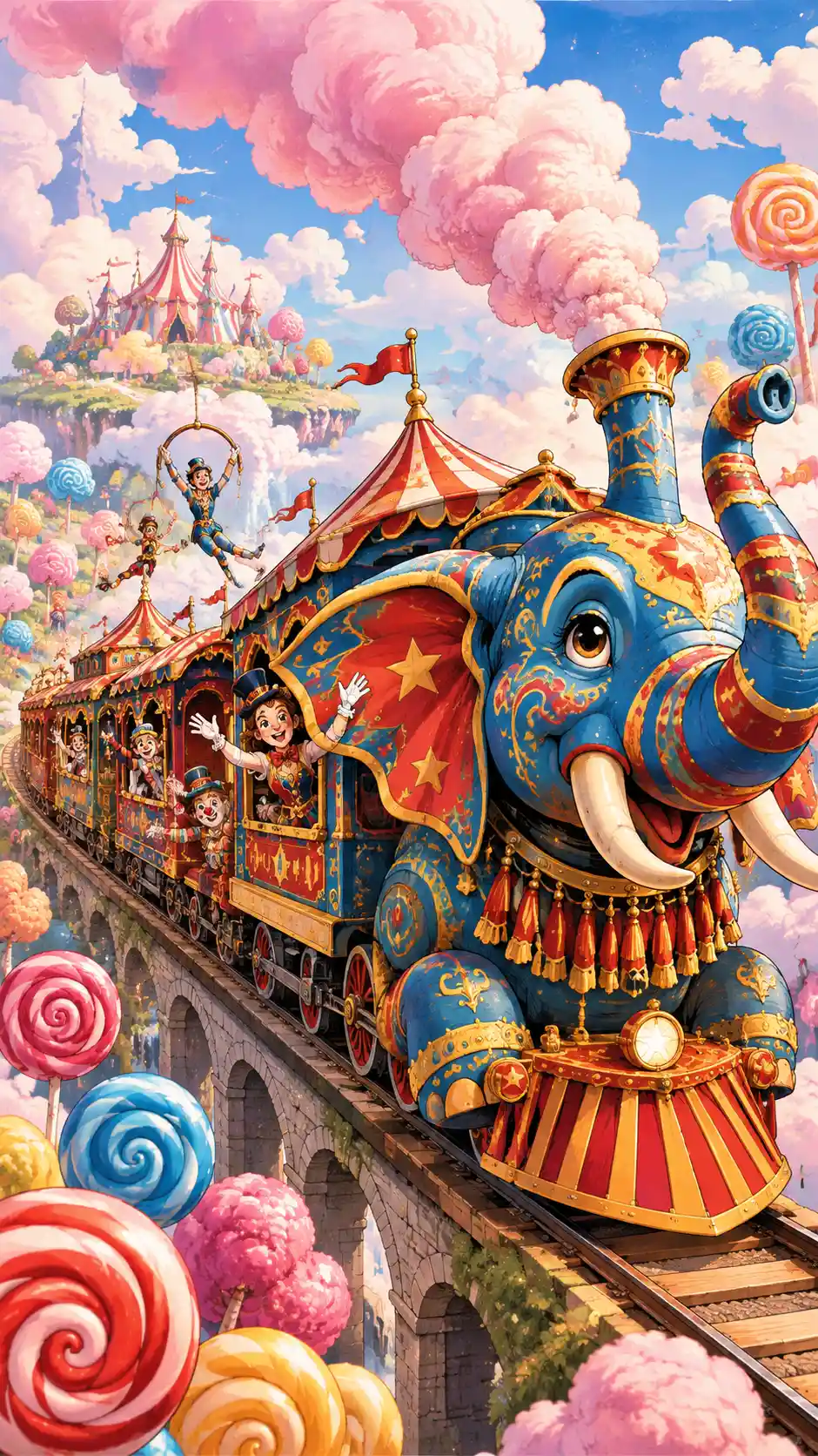 Treno circense a forma di elefante in un fantasioso mondo di caramelle