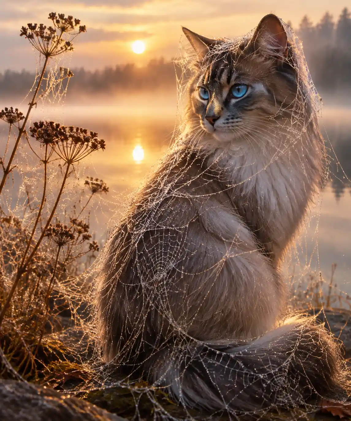 Majestätische Katze in Spinnweben an einem nebligen goldenen See