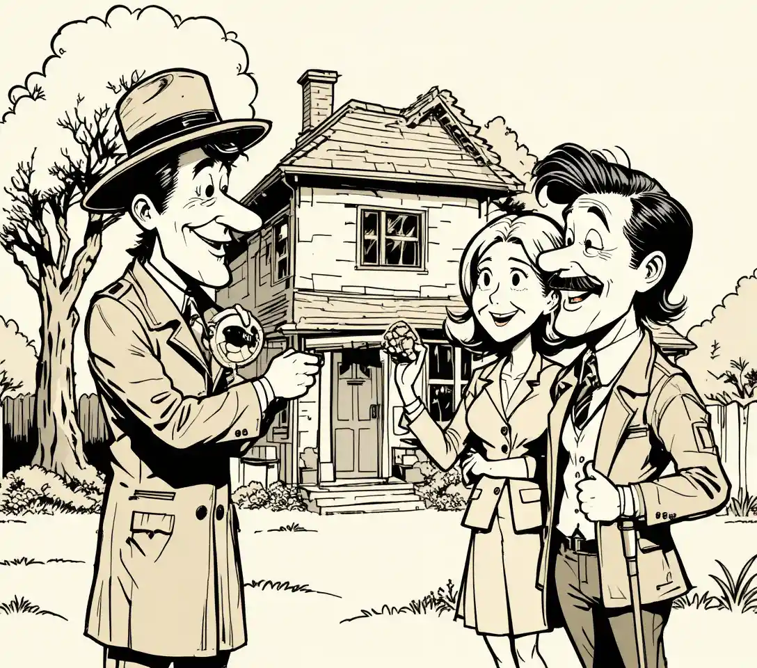 Cartoon family receiving a house key in front yard