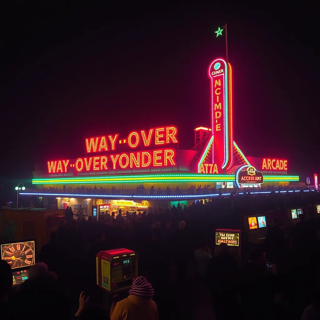 Neon lit arcade complex glowing in the distant night