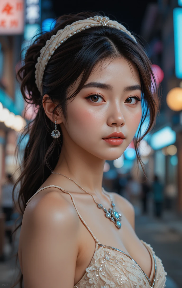 Young woman on neon city street at night portrait