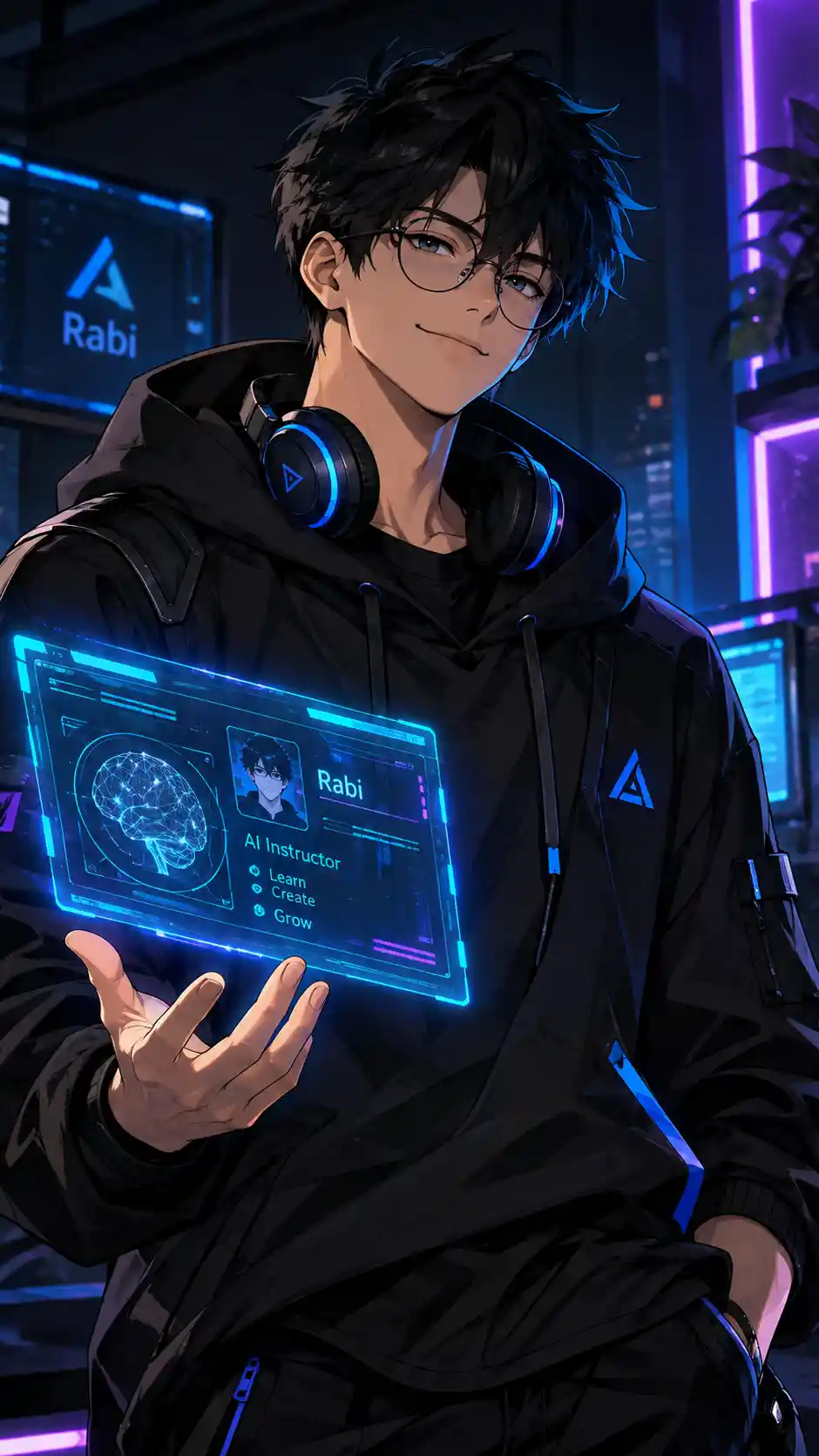 Anime tech instructor with holographic screen and neon glow
