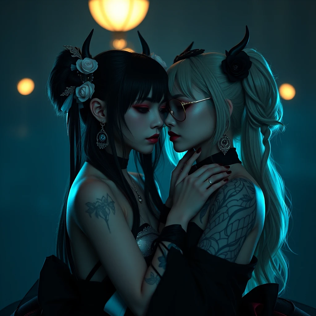 Duas mulheres sedutoras em uma cena noturna escura e misteriosa