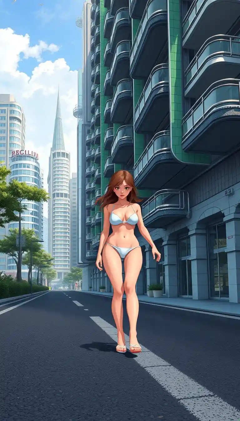 Pixel art anime girl walking along a futuristic city street