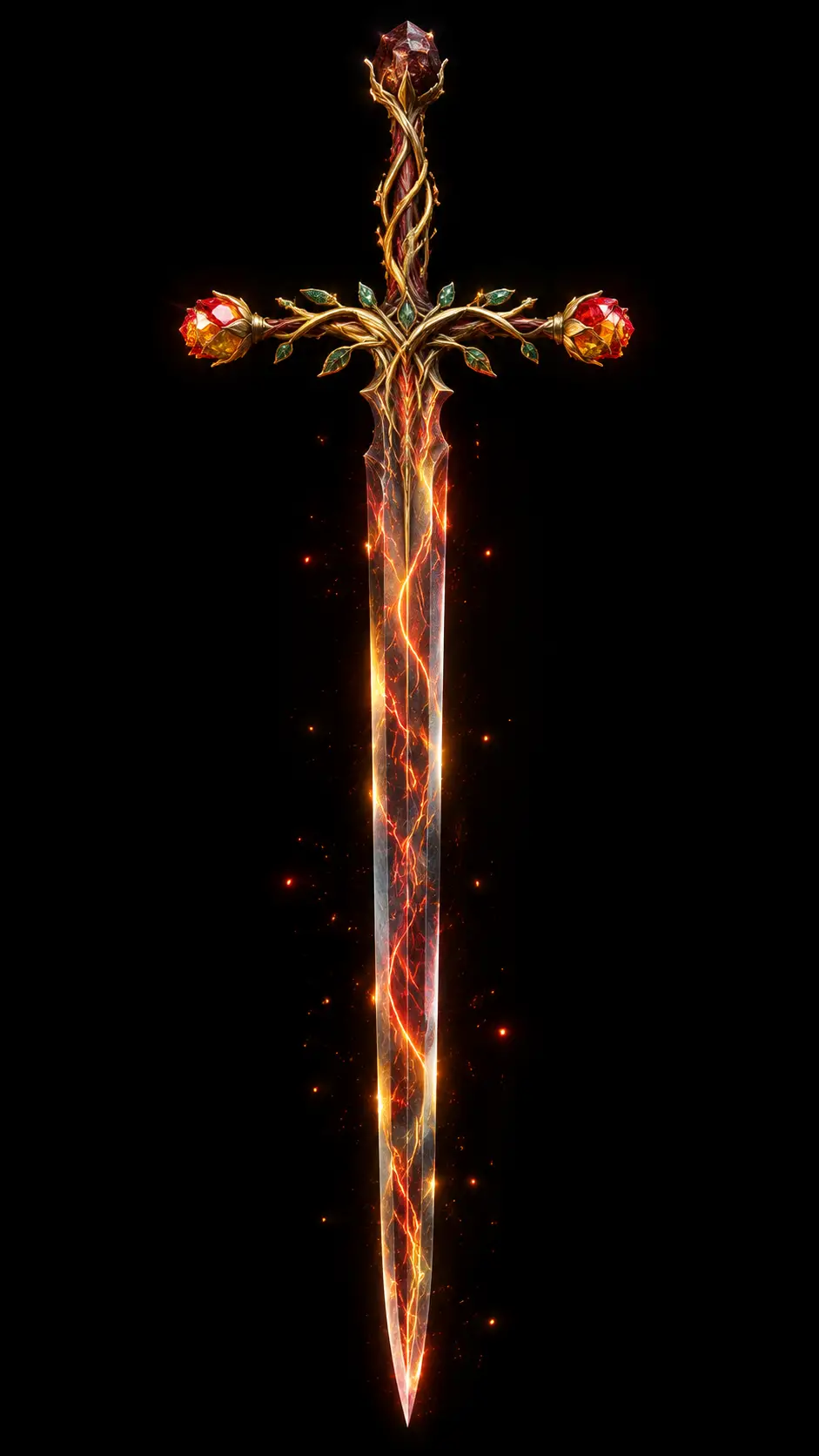 Photorealistic flaming longsword with jeweled rose hilt