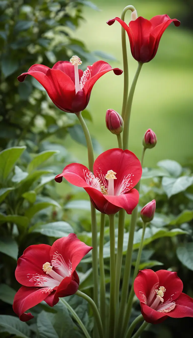 Red and white tubular flowers on a single tall garden stem