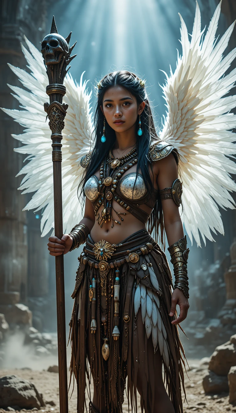 Young shaman apprentice with glowing wings in temple ruins
