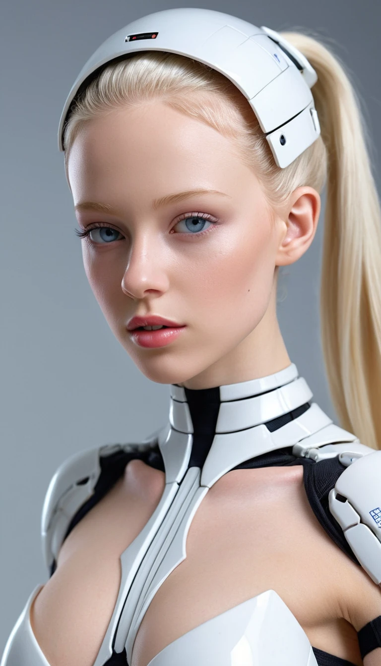 Nahaufnahme eines Sci‑Fi‑Porträts einer Frau mit kybernetischem Helm