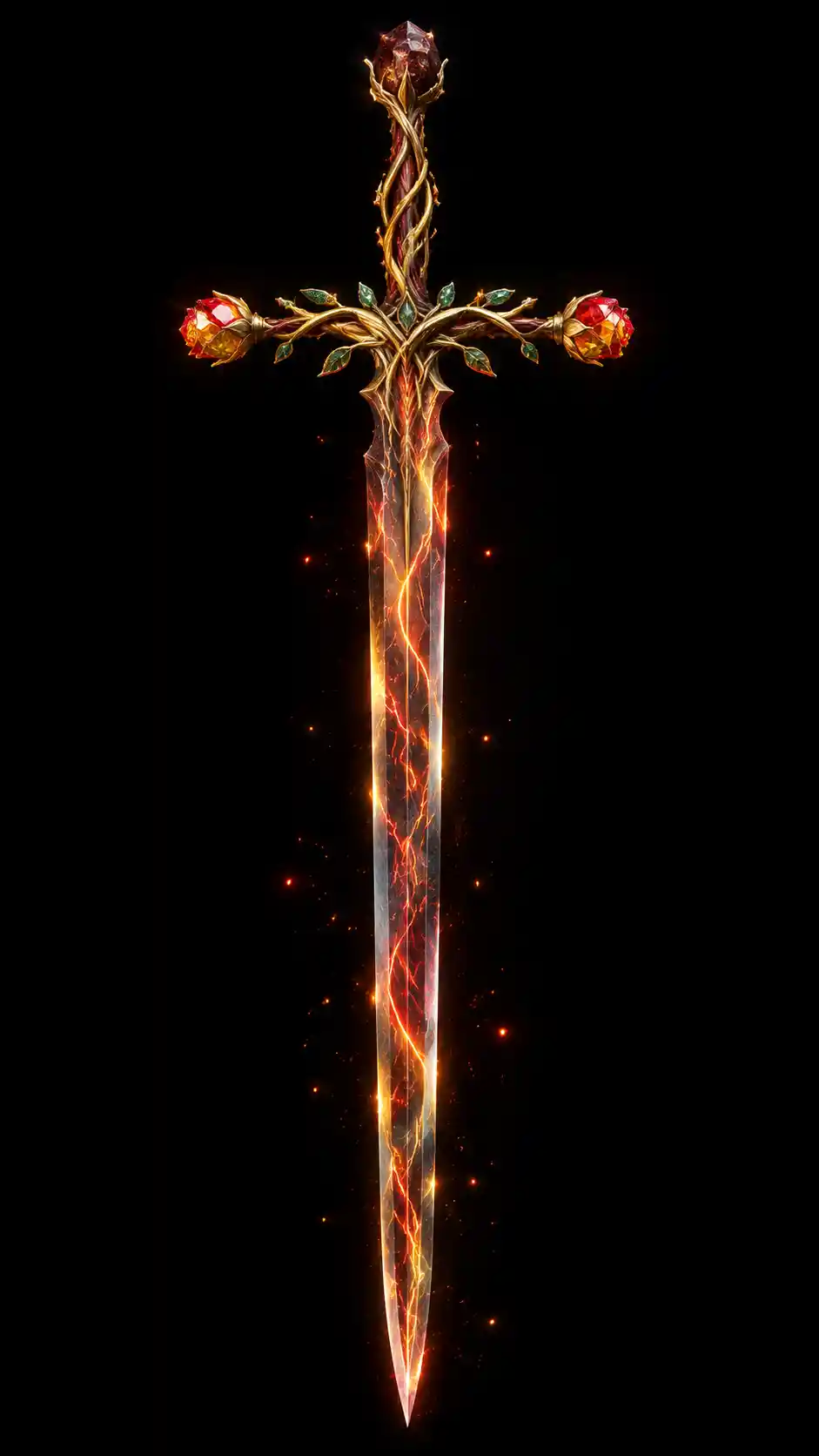Photorealistic flaming longsword with jeweled rose hilt