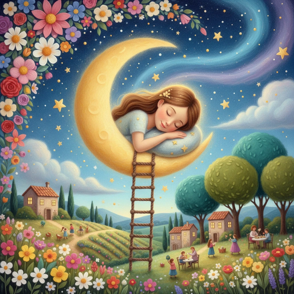 Donna addormentata sulla luna crescente sopra un piccolo villaggio nel cielo notturno