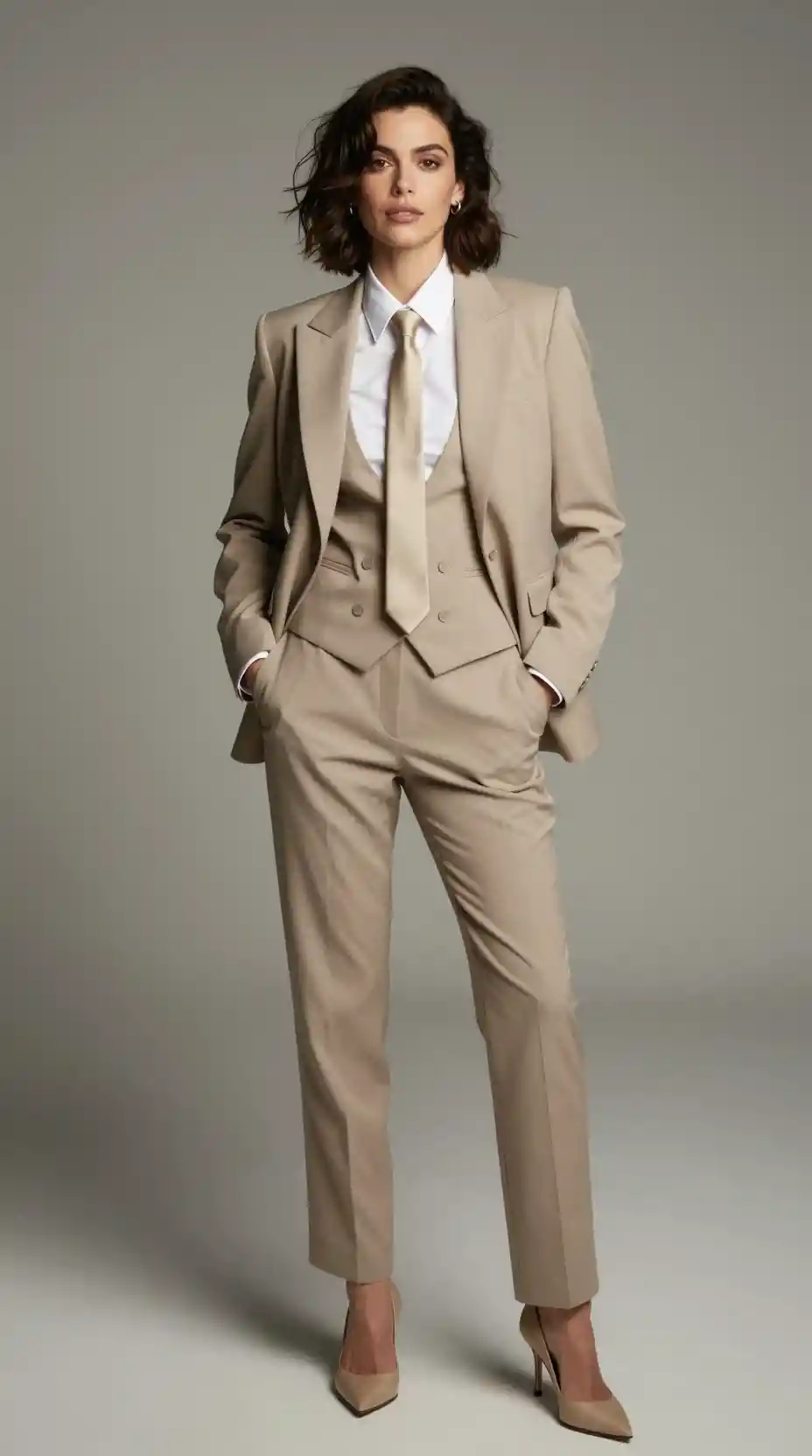 Confident woman in beige three piece suit and heels