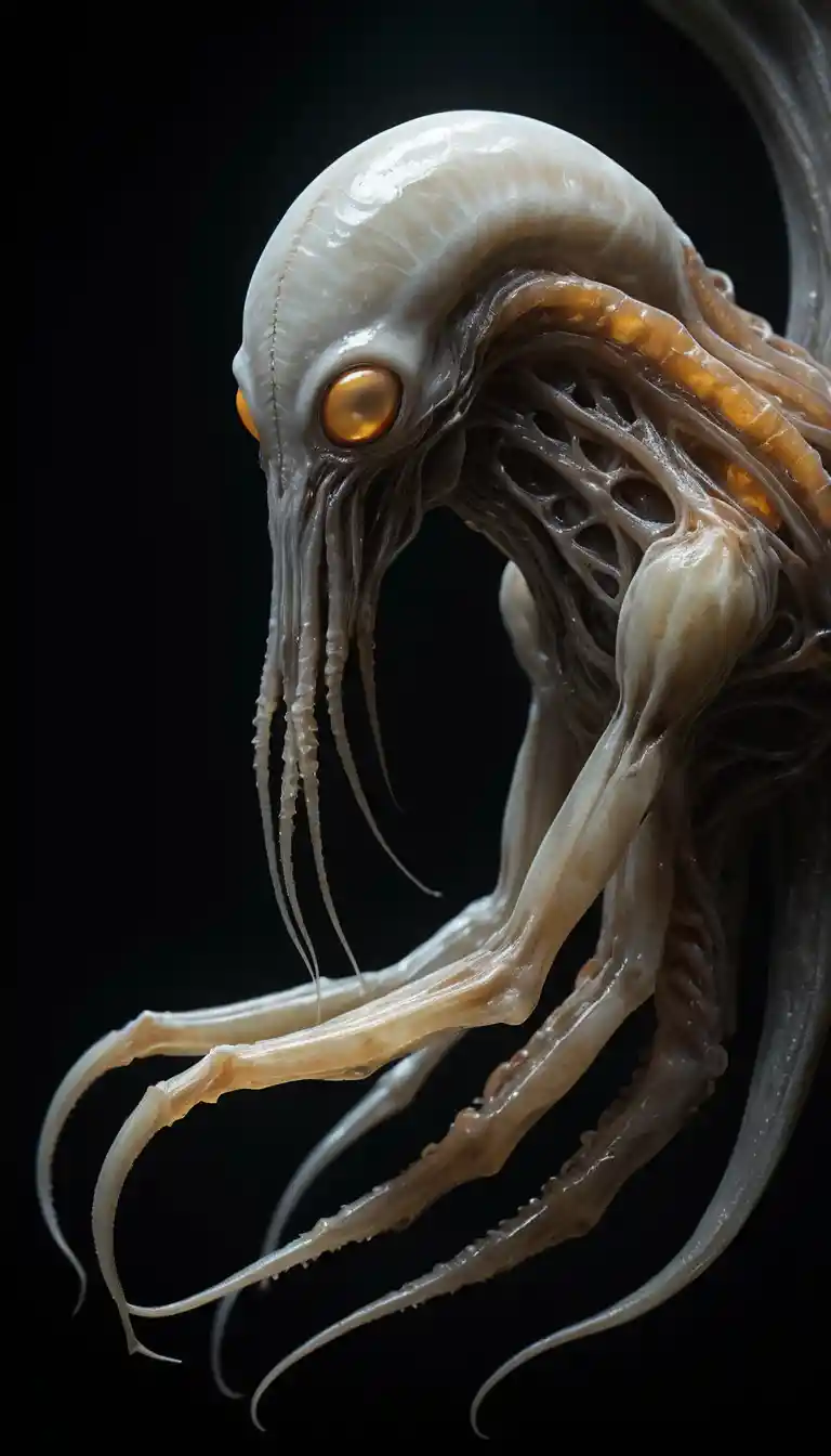 Gigantic alien figure in a glowing organic chamber