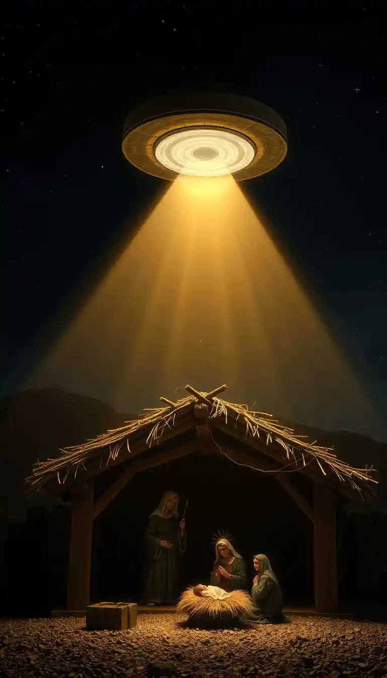 Realistic nativity scene at night with glowing alien spacecraft