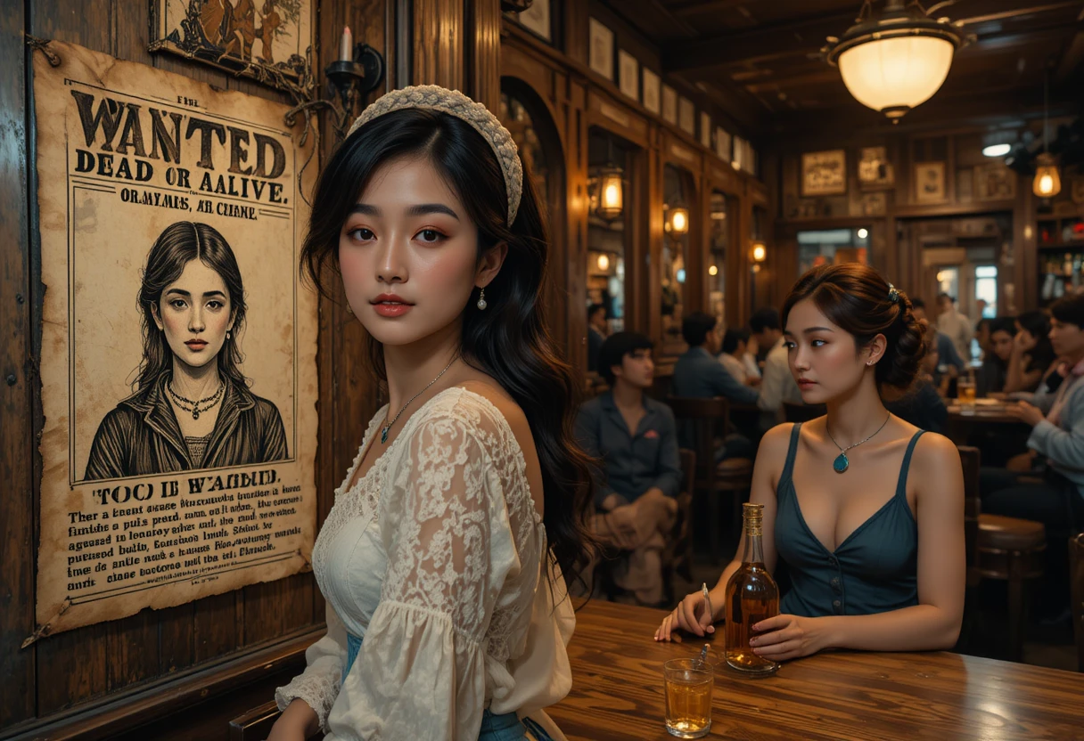 Cowgirl examinant une affiche de recherche dans une taverne sombre