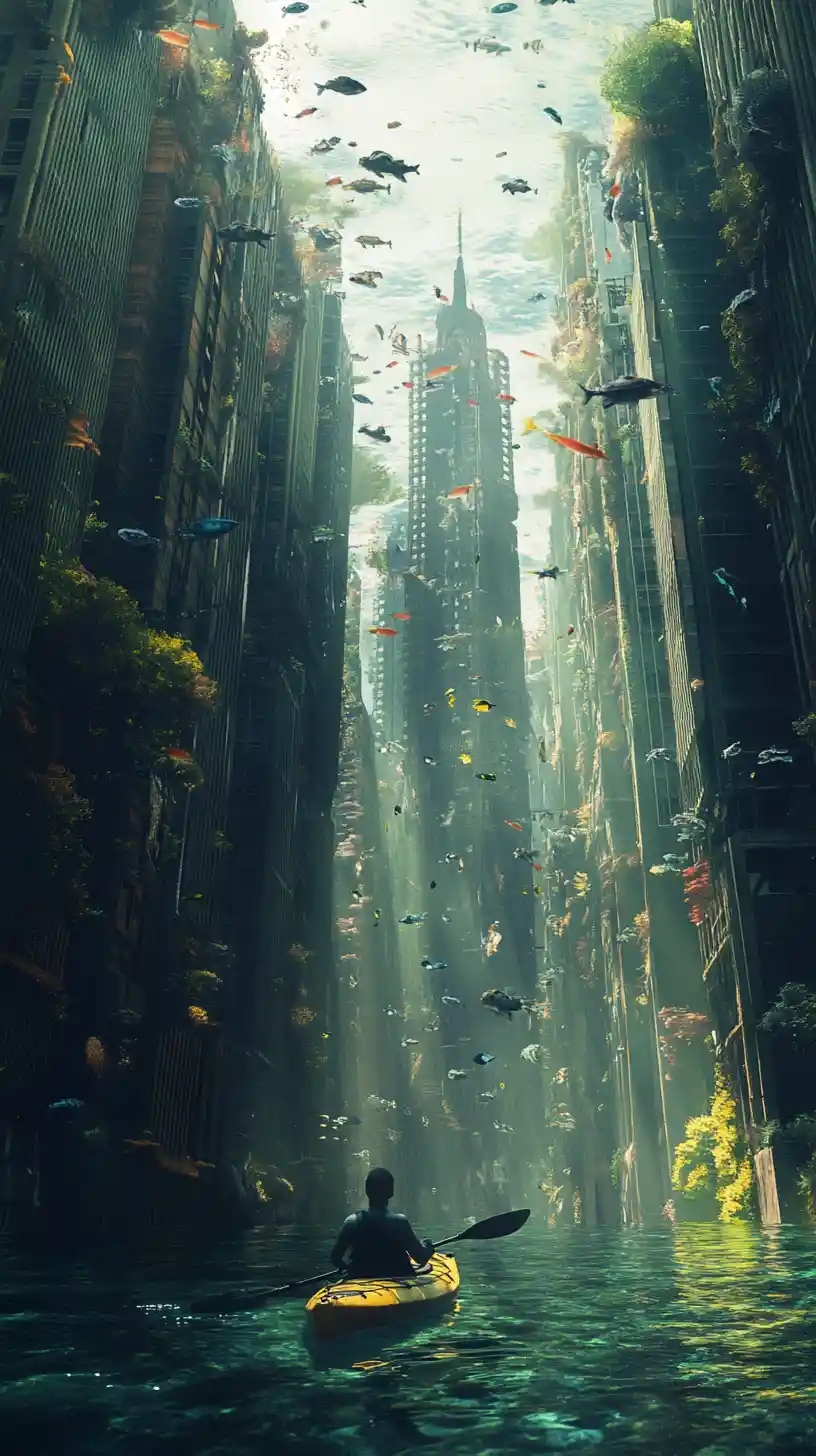 Solo kayaker exploring a flooded underwater city of skyscrapers