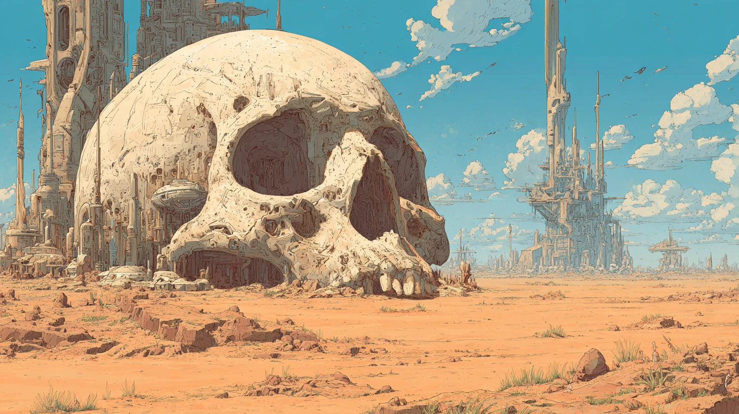 Alien-Schädelstadt, die aus einer weiten Wüstenwelt aufragt