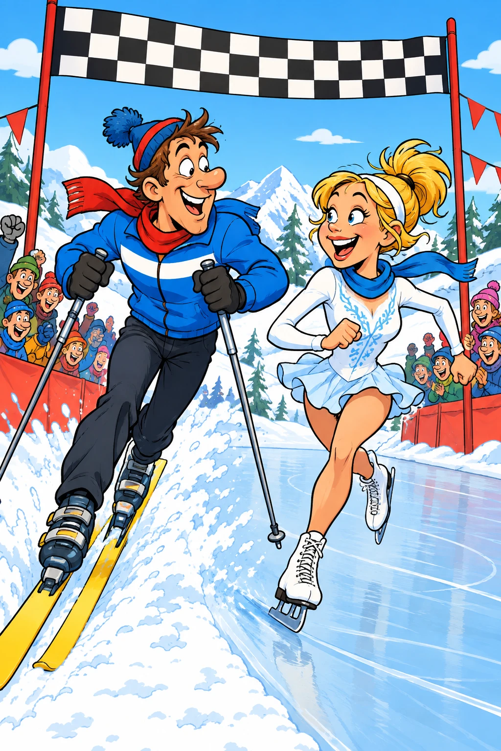 Verspielter Cartoon-Läufer mischt Ski und Skate an der Ziellinie
