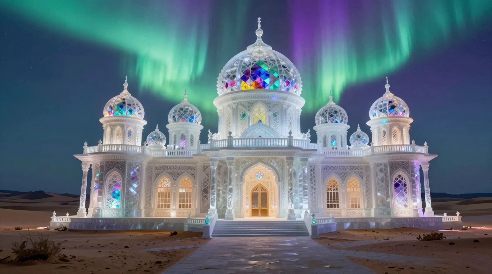Crystal glass palace glowing under vivid northern lights
