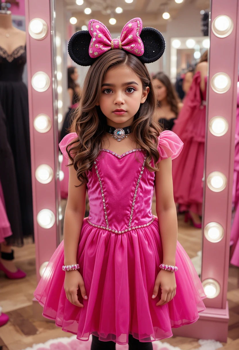 Nervous boy posing in a pink Minnie Mouse princess outfit