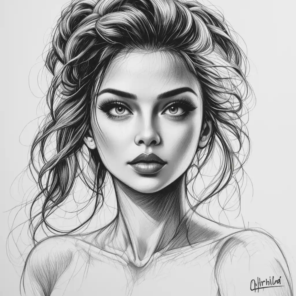 Detailed black and white pencil sketch with clean contours