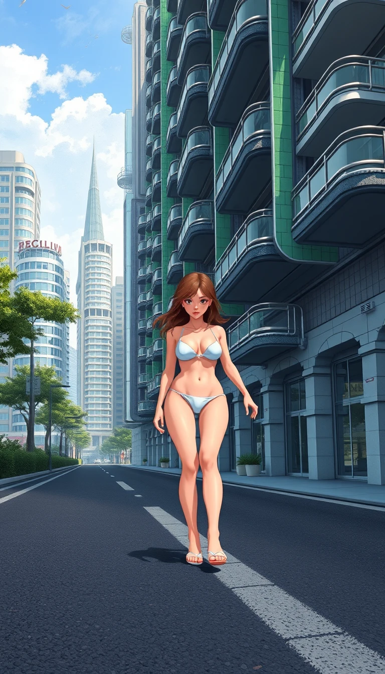 Ragazza anime in pixel art che cammina lungo una strada cittadina futuristica