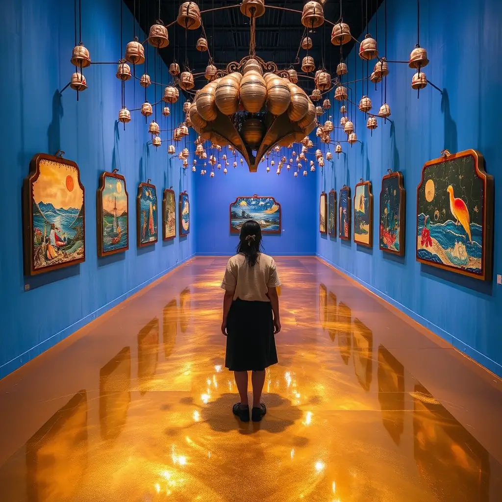 Los visitantes pisan un suelo dorado y reflectante en una galería fantástica