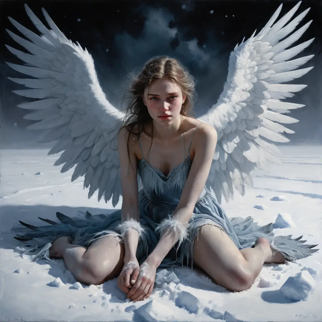 Fallen angel woman chained in a frozen moonlit snowfield