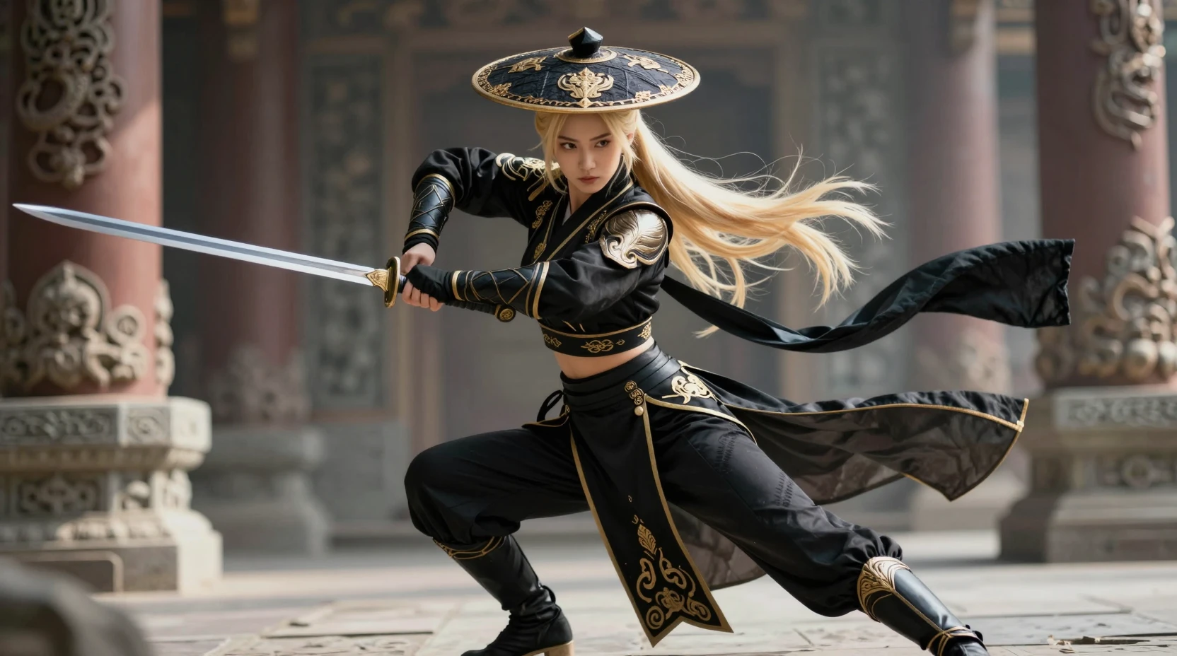 金髮女戰士在古老神殿持劍擺姿