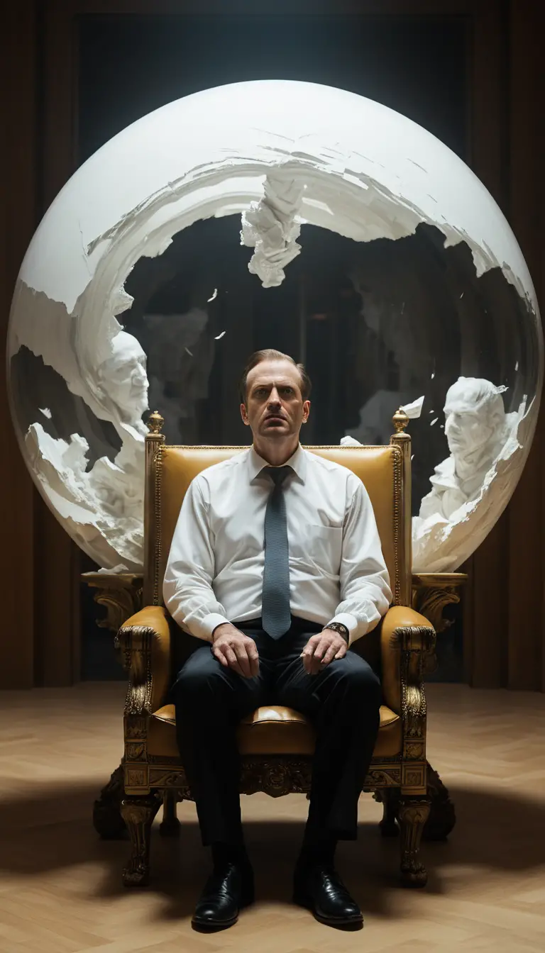 Calm man seated at the center of chaotic office turmoil