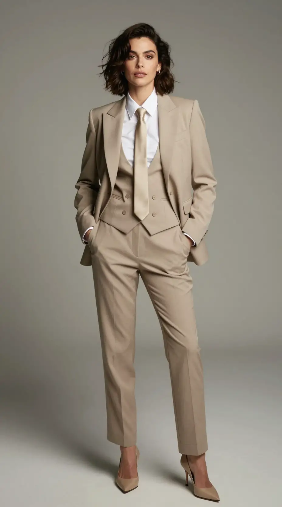 Confident woman in beige three piece suit and heels