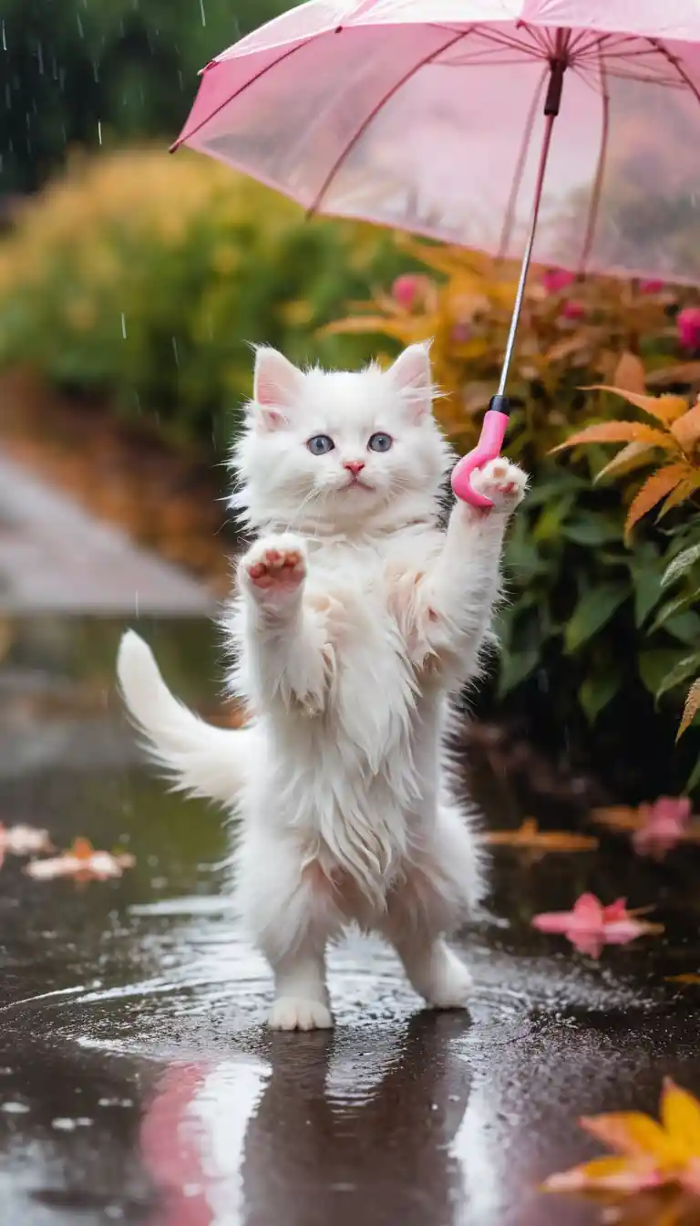 ピンクの傘と水たまりで踊るかわいい白い子猫