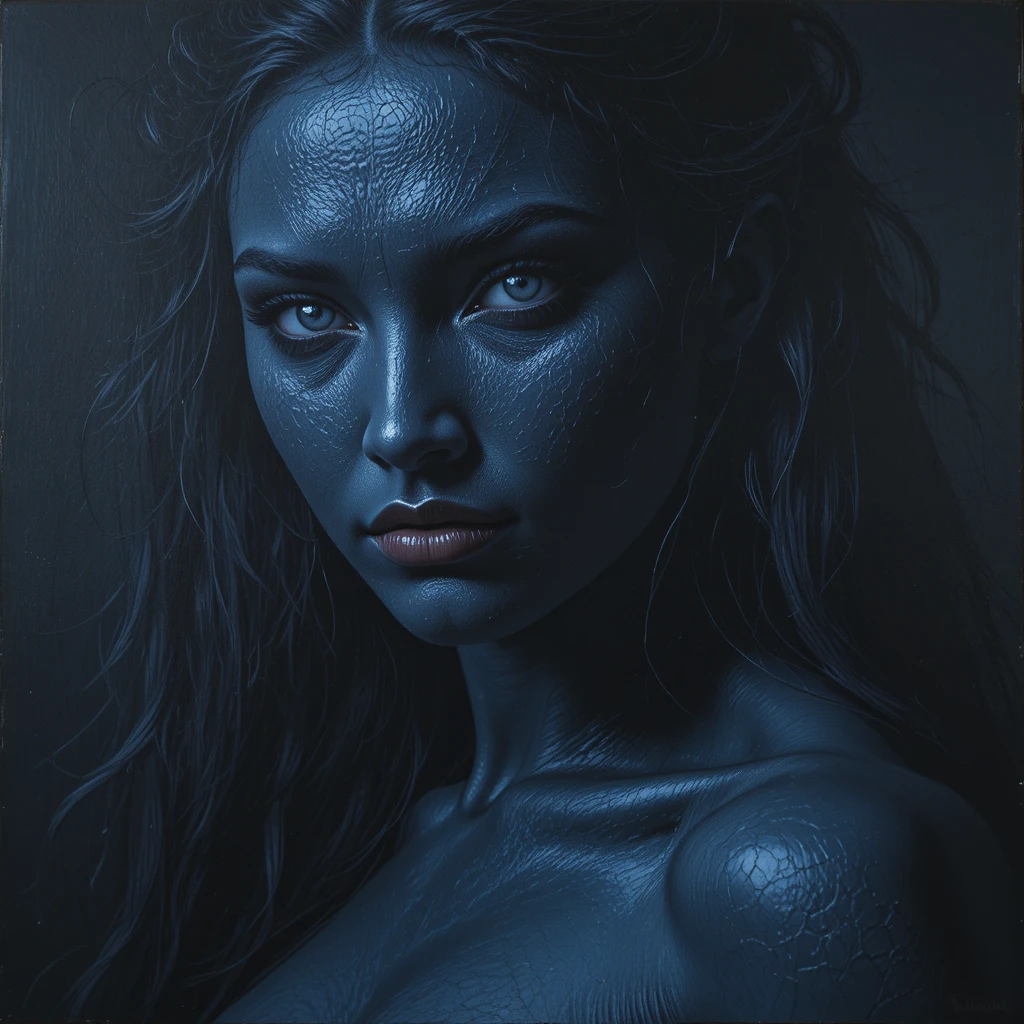 Retrato de deusa de pele azul-escura em sombra dramática