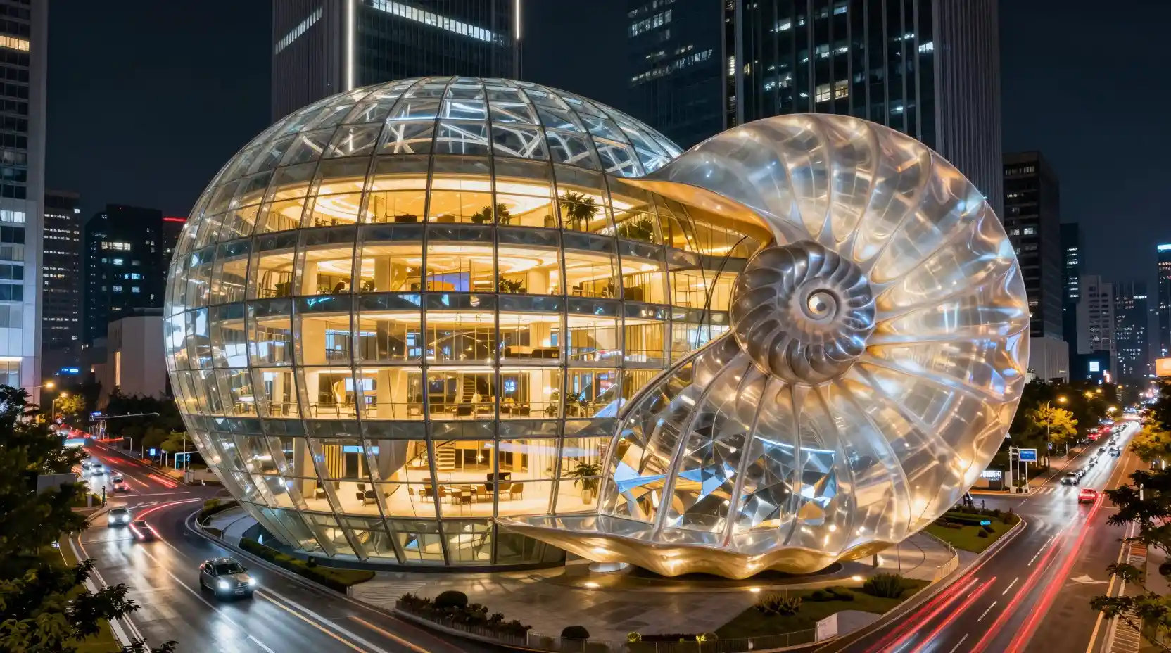 Futuristic glass museum glowing above a night city street