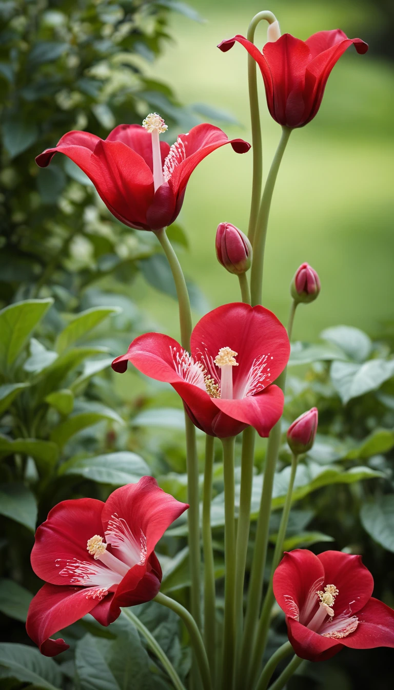 Flores tubulares rojas y blancas en un solo tallo alto de jardín