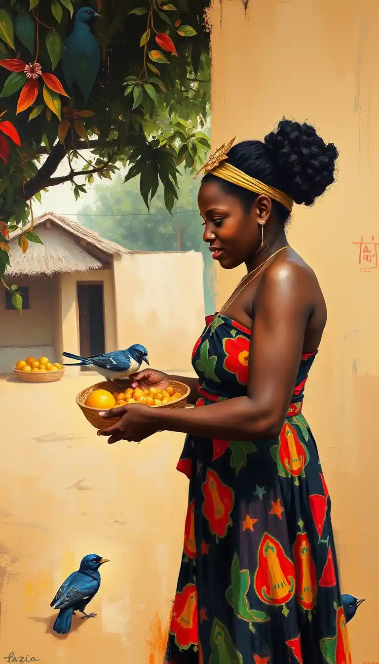 Young mozambican woman sharing food in a rural yard